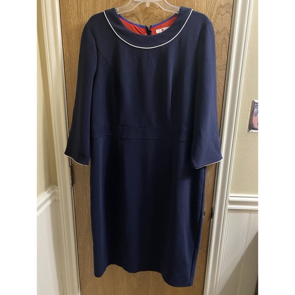 BODEN Mia Ottoman Dress 3/4 Sleeve Sheath Ribbed Knit Navy Blue White Trim Sz 16 - Picture 1 of 11